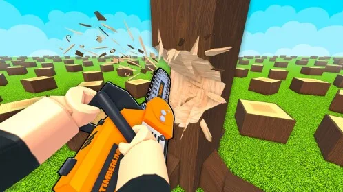 Chainsaw cutting through a forest tree in Chop A Forest gameplay