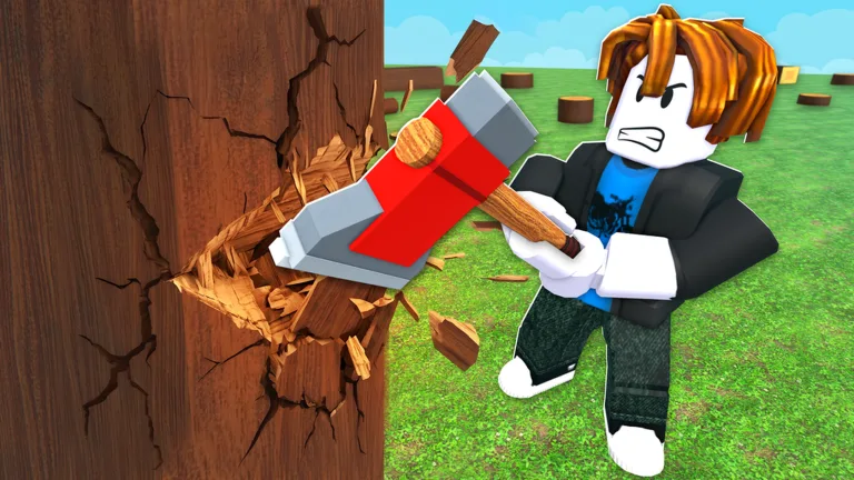 A Roblox lumberjack character swinging an axe at a giant tree trunk in Chop A Forest
